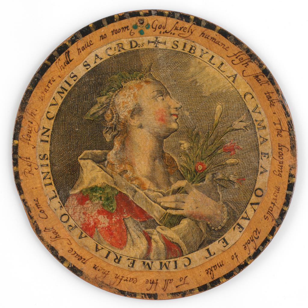 An image of Roundel or trencher. One of twelve wooden roundels, with an applied print of the Cumaean Sibyl. Hand-coloured in red, green, ochre and black. Inscribed in black ink. Undecorated reverse. With a small hole near the top at the edge, diameter 13.7 cm, circa 1601-1625. Part of M.5.1-13 & A-1920: Box containing twelve roundels or trenchers. Unknown maker, after Passe, Crispijn I de, printmaker (Flemish, 1564-1637). Circular box and cover of turned wood, containing twelve roundels. Each decorated with an applied hand-coloured engraving of a Sibyl, surrounded by a hand-written English inscription. Height, box, 6.7 cm, diameter, box, 17.1 cm, diameter, roundels, 13.7 cm, circa 1601 to circa 1625.