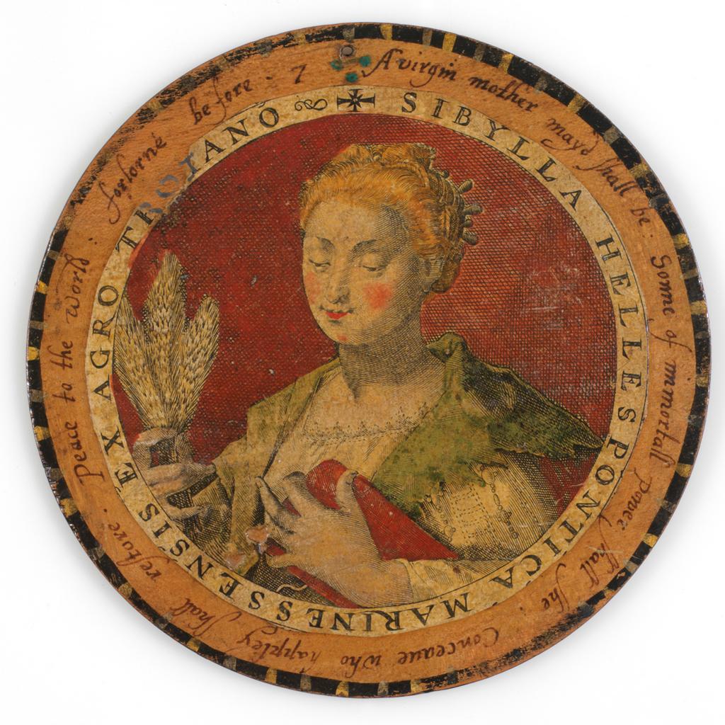 An image of Roundel or trencher. One of twelve wooden roundels, with an applied print of the Hellespontine Sibyl. Hand-coloured in red, green, ochre and black. Inscribed in black ink. Undecorated reverse. With a small hole near the top at the edge, diameter, 13.7, cm, circa 1601-1625. Part of M.5.1-13 & A-1920: Box containing twelve roundels or trenchers. Unknown maker, after Passe, Crispijn I de, printmaker (Flemish, 1564-1637). Circular box and cover of turned wood, containing twelve roundels. Each decorated with an applied hand-coloured engraving of a Sibyl, surrounded by a hand-written English inscription. Height, box, 6.7 cm, diameter, box, 17.1 cm, diameter, roundels, 13.7 cm, circa 1601 to circa 1625.
