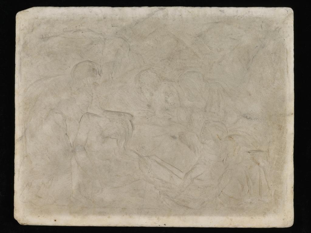 An image of Sculpture/relief. The Entombment of Christ. Gagini, Domenico, attributed to (Italian). Rectangular. The dead Christ is supported by a women standing behind him, and a kneeling woman on the right holds his feet. His head is dropping forwards onto his chest and his right arm hangs down at his side. Behind the kneeling woman there is an older woman who bends forward towards two seated figures, whose faces are partly obliterated. There are less clearly defined figures looking towards the group from the top right and top left of the relief. Marble stiacciato relief, carved, length 34.0 cm, height 28.0 cm, circa 1450-circa 1500. Production Note: The attribution to Gagini is disputed.