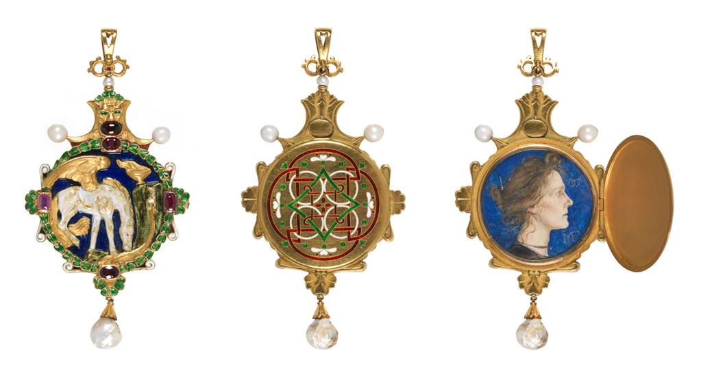 An image of Pendant: Pegasus Drinking from the Fountain of Hippocrene. Carlo & Arthur Giuliano & Ricketts, Charles de Sousy (British, 1866-1931). Pendant of gold and enamel set with pearls, decorated on the front with Pegasus drinking from the Fountain of Hippocrene, and enclosing a miniature of Miss Edith Emma Cooper (1862-1913) in profile to right against a blue ground. Gold, enamelled in royal blue, green, red, and white, and set with four cut garnets, a cabochon garnet, two large pearls, one small pearl, and a baroque pearl. (A). Height (whole) 10.1 cm, width (whole) 5.1 cm, diameter 34 mm, 1901.