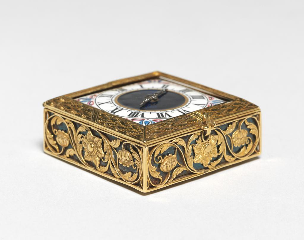 An image of Verge Watch. E. Meybom of Paris, St Germain. Square gold filigree case. Movement: Full plate square movement engraved ‘E. Meybom A Paris’. Balance cock with pierced table and large oval pierced foot, both with wavy edges. Steel balance. Tangent set-up above plate with dial, radial Arabic figures 1 to 8, above brass wheel, blued steel guard and pointer over endless screw, pierced blued steel brackets for endless screw. Square top plate. Shaped fusee iron post, straight blued steel fusee iron spring fixed with pin to plate. Blued steel case bolt pinned to plate. Rectangular potance with side engraved. Counter-potance screwed to under-side of plate. Square pillar plate with a baluster shaped turned pillar at each corner, border engraved around edge, hole for potance, 33' scratched on plate under dial. Fusee and chain, barrel with one lip (end turned after gilding). Train, of four pinions, set along bottom of plate, left to right. Verge escapement. Dial: Enamel on gold, three feet. Gold border, white enamel with painted blue, pink, red-brown and black corners. Black circle around radial Roman chapters, inner circle with quarter hour lines half hour lines extended between chapters. Gold circle, dial centre of translucent blue enamel over chasing. Hand: Plain steel formed hand with long beaded tail. Case: Square gold with sides and back of filigree work over blued steel panels. Gold bezel, engraved with leaf pattern, split at joint and with v for rock crystal/glass cover (crystal missing). Case Movement, height 41 1/4 mm, top plate A/F 18 2 mm, a/f 34 1/4 mm, pillar plate A/F 29.2 mm, thickness 14.2 mm, dial A/F 26.2 mm, pillar height 5.2 mm. Circa 1650. French.