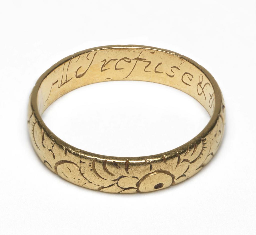 An image of Jewellery. Posy ring. Plain flat hoop, engraved on exterior with formalised flower designs. Inscribed inside: All I refuse and thee I chuse. Gold, height, whole, 4.5 mm, depth, whole, 1.5 mm, length, whole, 20.0 mm. Spencer George Perceval Collection.