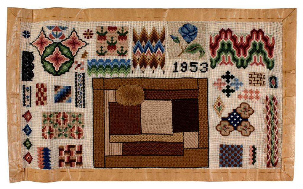 An image of Embroidery Sampler. J.J. Sandeman. Single weave canvas mounted on brown paper which has been turned and stitched onto the front of the sampler forming a 2.5cm/1" border. Embroidered with polychrome wools in cross, double cross, Montenegrin cross, rococco, rice, encroaching satin stitch with laid and couched stitches. Detached or "spot" motifs are placed on 3 sides of a rectangular "mat" of solid stitching, the mat comprises 15 blocks each of a different canvas work stitch, a "key" to the stitches provided by a separate piece of paper. 1953.