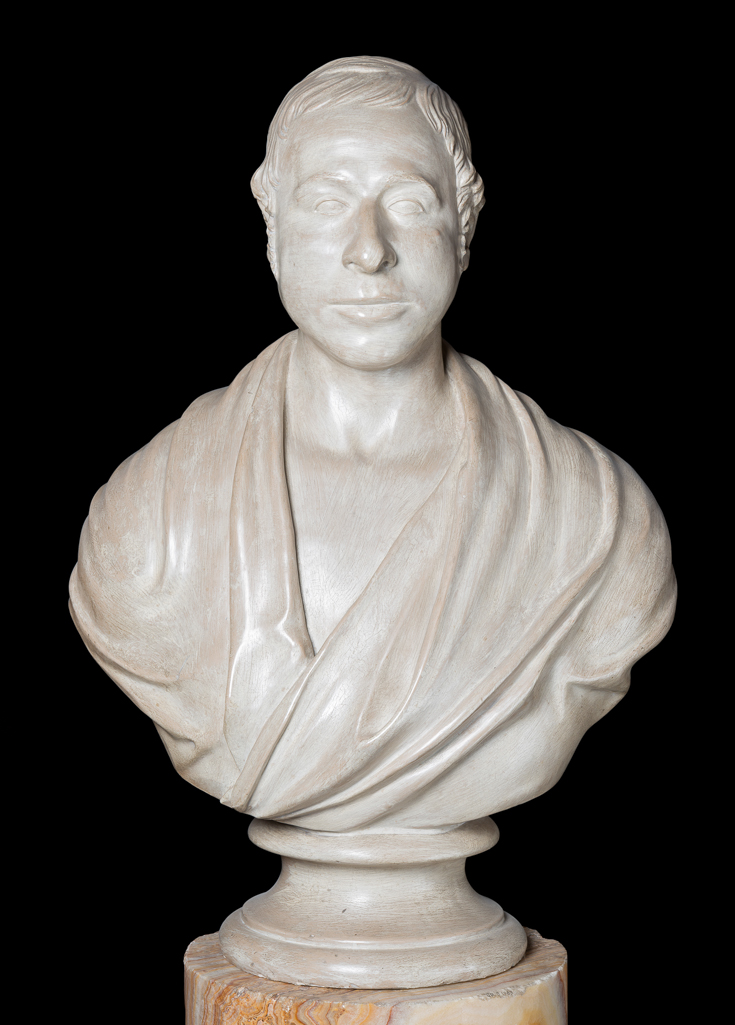 An image of Sculpture. Bust of George Basevi (1794-1845). Probably by T.I. Mazzotti from an unknown original, or made up from a cast of Basevi's head from the life taken probably by Mazzotti. Plaster, cast, painted cream, height, whole, 72.4 cm, height, base, 11.4 cm, before 1853.