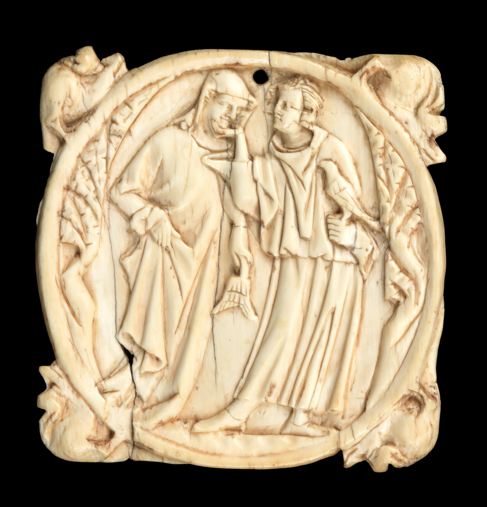 An image of Sculpture / Mirror Case. Love-Scene. Ivory, carved in relief, height 8.3 cm, width 8.2 cm, circa 1300-1350. Gothic, Medieval. French.