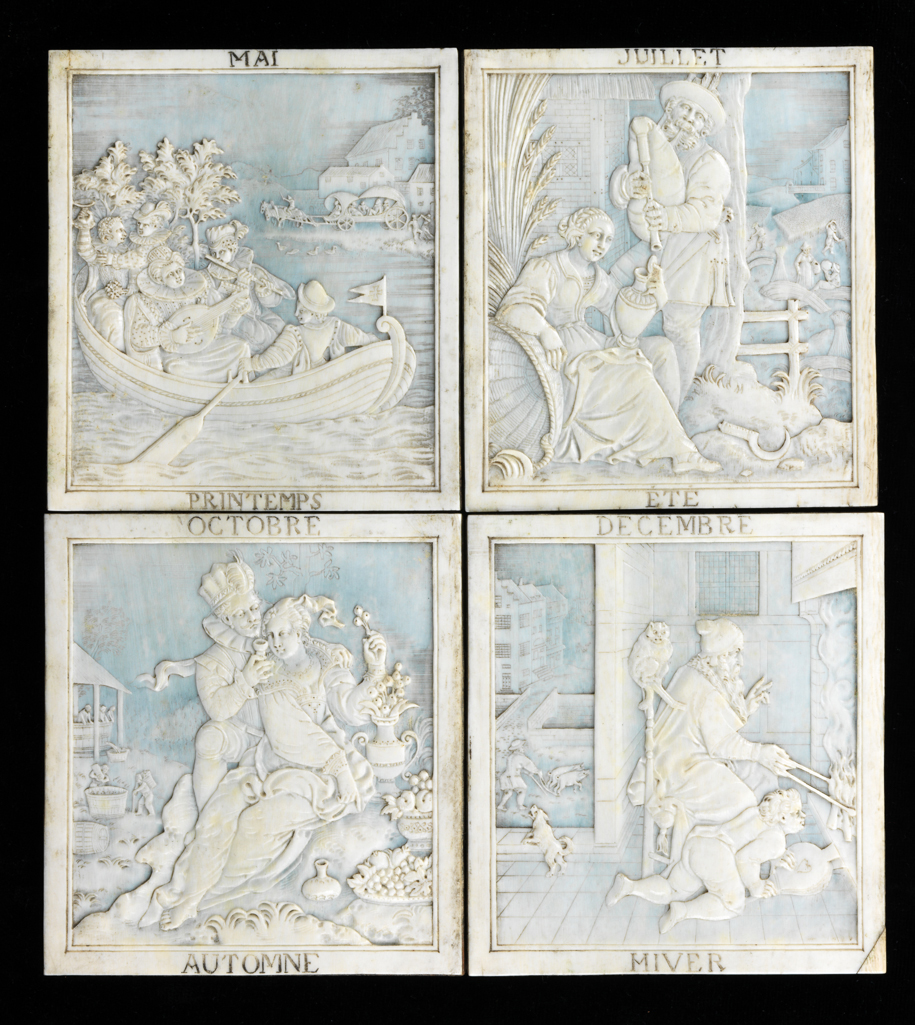 An image of Four Plaques of the Seasons. Passe, Crispijn I de (Flemish, 1564-1637). Ivory, carved in low relief and mounted on thicker wood panel, height, whole, 11.5 cm, width, whole, 10.5 cm, circa 1600-1900. One of a set of four (M.3B, M.3C, M.3D-1991) depicting the four seasons. French.