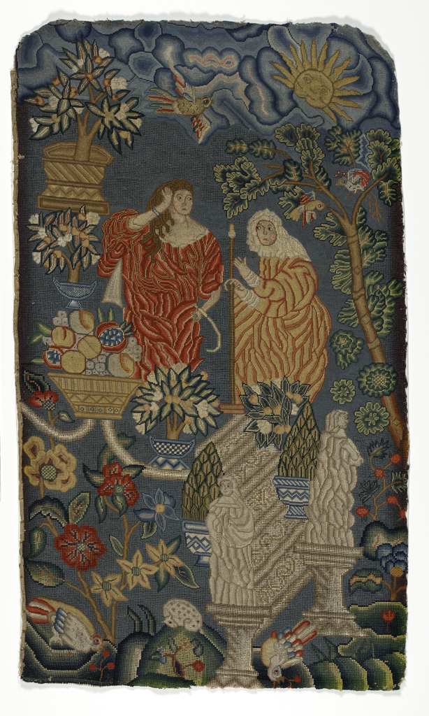An image of Textiles. Pomona and Vortumnus. Possibly shaped for a chair back. Linen/polychrome wool and silk embroidery.
