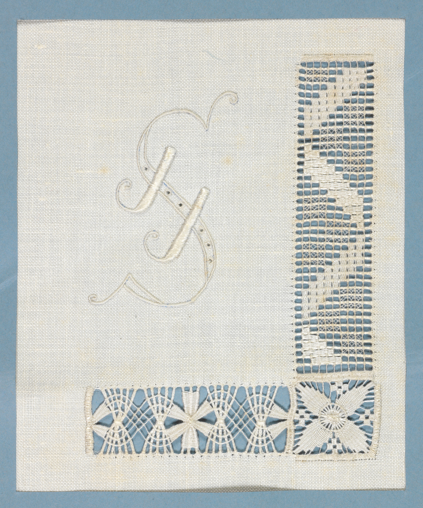 An image of Embroidery Sampler. J.J. Sandeman. Cream linen embroidered with cream linen thread set within light blue paper. A decorated "S" motif worked in whipped stem, satin, & eyelet stitch; 3 cutwork panels with needle weaving and needle lace filling stitches. 1945-1955.