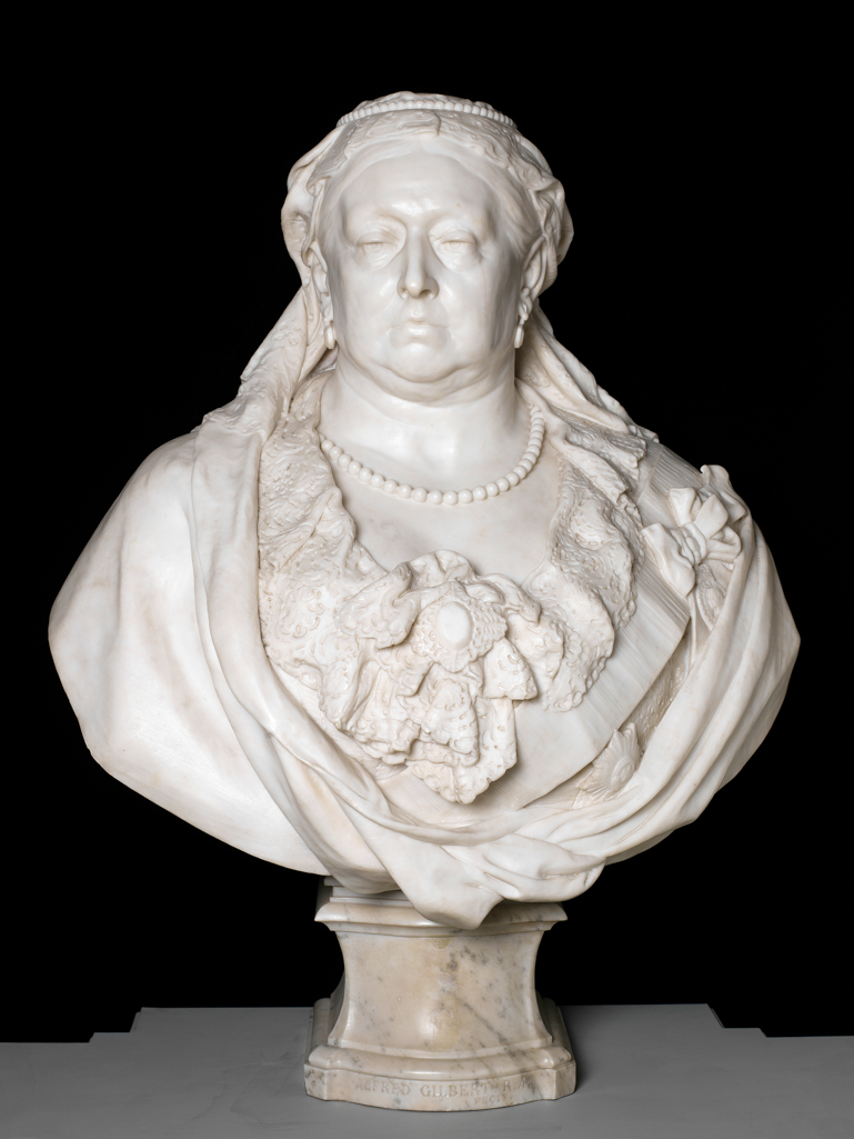 An image of Bust of Queen Victoria. Queen Victoria. Gilbert, Alfred (British, 1854-1934). Carved white marble, over life-sized bust. Signed. Sculpted white marble, height 86 cm, 1887-1889. Victorian.