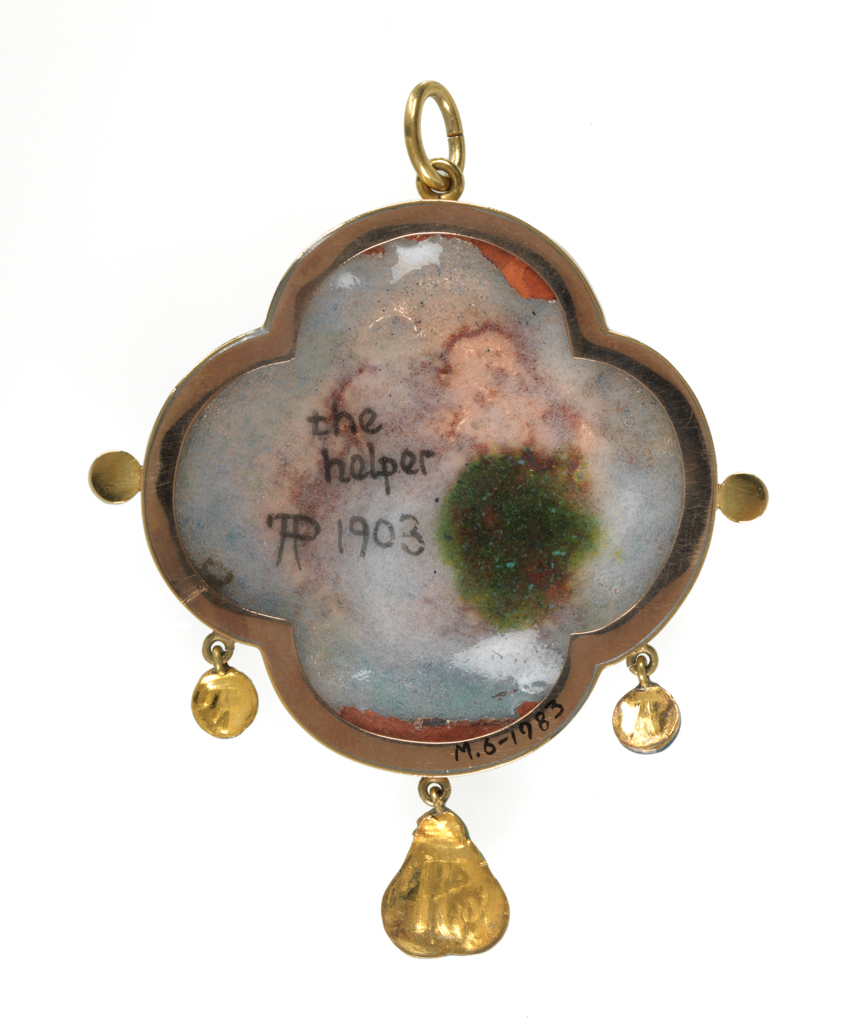 An image of Jewellery. The Helper Pendant. Traquair, Phoebe Anna (British, 1852-1936). The quatrefoil gold frame is set with an enamelled plaque of an angel helping Christ to carry the Cross. On the right and left sides of the frame there are circular protrusions, and below, three drops, all enamelled to resemble opals. There is a loop for suspension at the top. The back is inscribed in black 'the/helper/PAT (in monogram) 1903'. In red leather case (A). Gold, enamel decoration; translucent blue, green, pink, and red, height, whole, 7.6 cm, width, whole, 6 cm, dated 1903. Arts and Crafts movement. Acquisition: Grundy, J. Hull, Mrs.