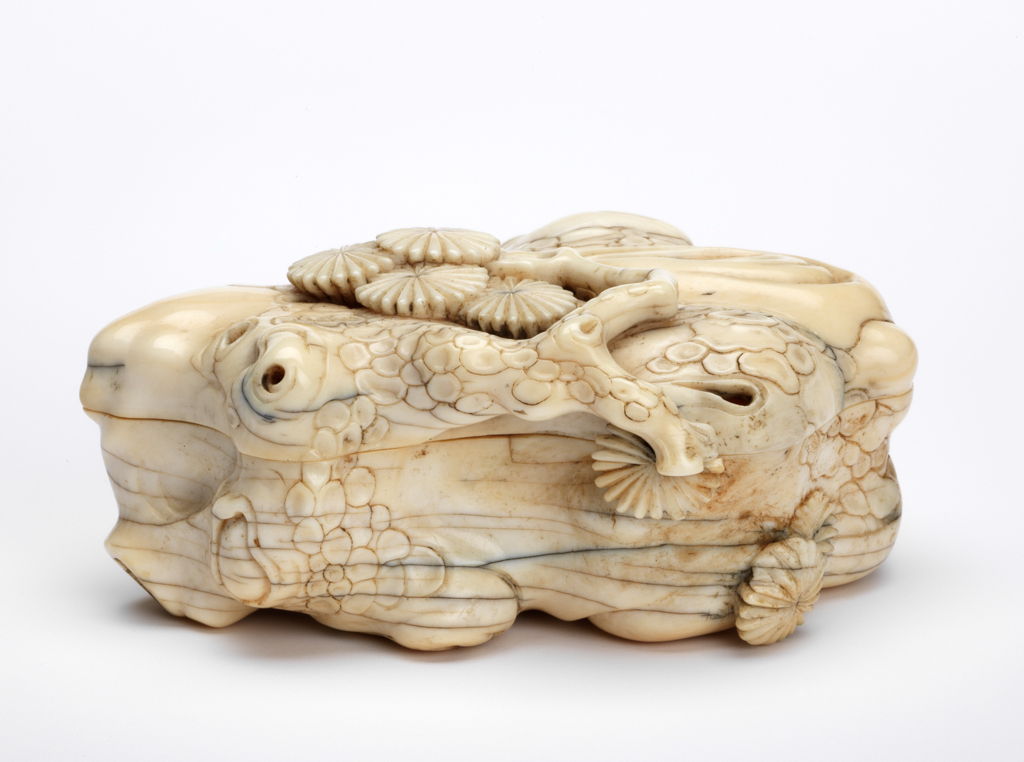 An image of Box for seal paste. Formed as a pine tree on a rock. Production Place: China. Carved ivory. 18th century. Sir Victor Sassoon Chinese Ivories Trust.