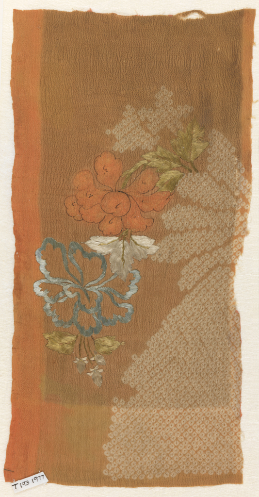An image of Textiles. Unknown maker, Japan. Peonies and buds. Silk crepe; dyed yellow. Stencil resist, or possibly true shibori, painted and emboidered. Length, whole, 36 cm, width, whole, 16 cm, circa 1700-circa 1799. Acquisition Credit: Given by Mrs. Soame Jenyns, in accordance with the wishes of her late husband, Soame Jenyns.