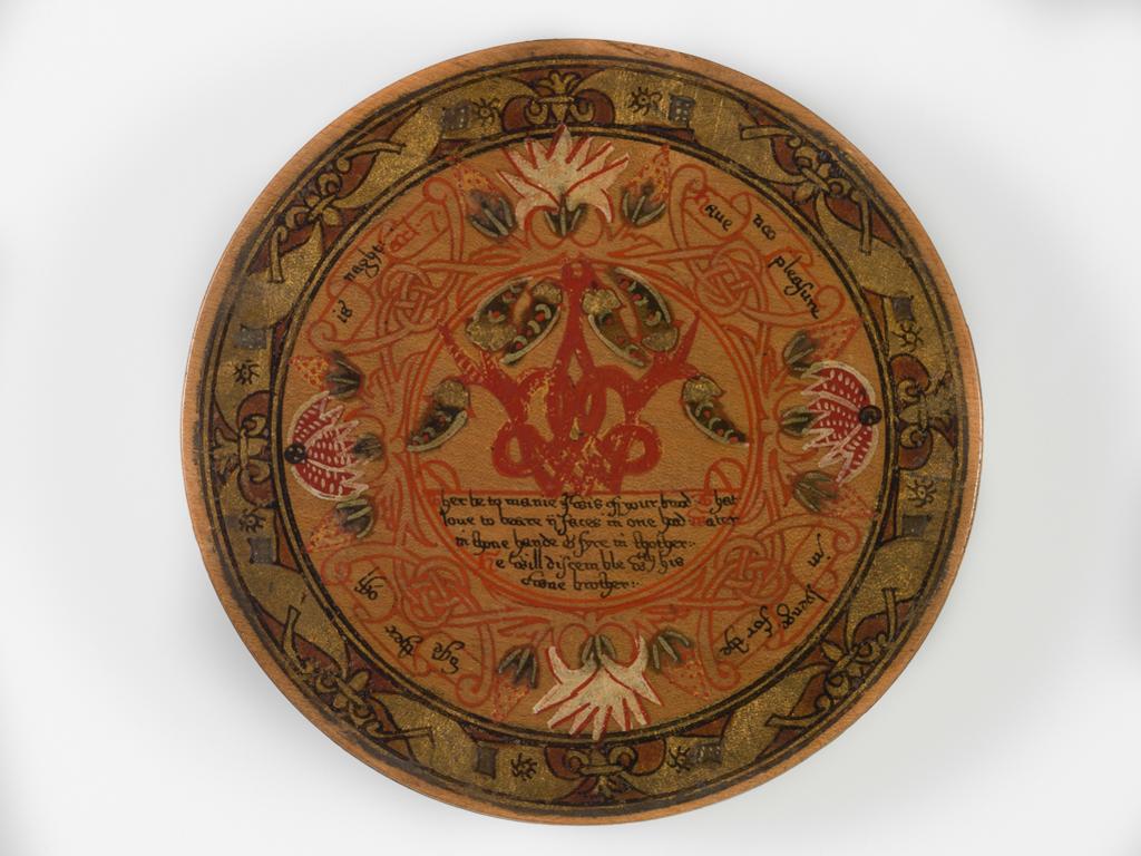 An image of Woodwork. Box of roundells. Box containing twelve trenchers. Wood, painted, gold decoration, height, box, 3.2 cm, diameter, box, 16.6 cm, diameter, roundels, 13.2 cm, circa 1600. Renaissance. Elizabeth I. English.