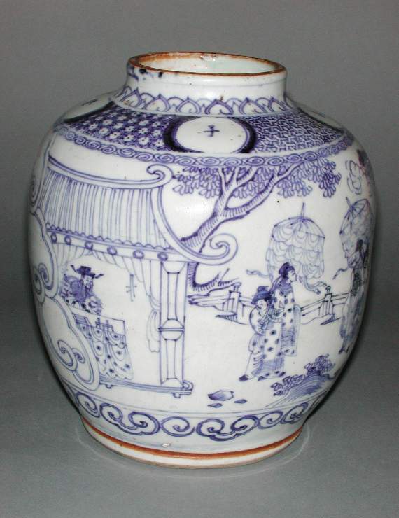 An image of Baluster Jar. Ruyi heads decorate the neck, and the shoulders have four roundels containing characters inscribed 'five sons graduate' reserved on diaper ground. The central scene is painted with five sons successful in the examinations returning home to their father, each with an attendant and a parasol, and visiting the Queen Mother of the West in the Moon, a hare with a pestle and mortar near her feet, above ruyi-shaped lappets round the foot. Hard-paste porcelain, thrown, decorated in underglaze-blue, height 19.0 cm, diameter 17.2 cm, circa 1400-1600. Ming Dynasty. Chinese.