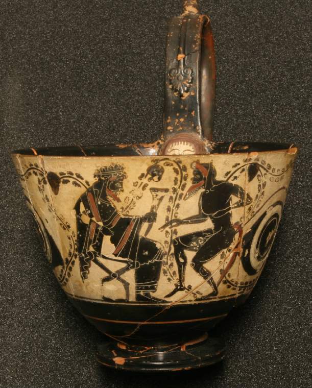 An image of vessel kyathos, Dionysos and satyrs, sphinxes   black-figured Dimensions depth 0.112 mheight 0.15 mwidth 0.15 m