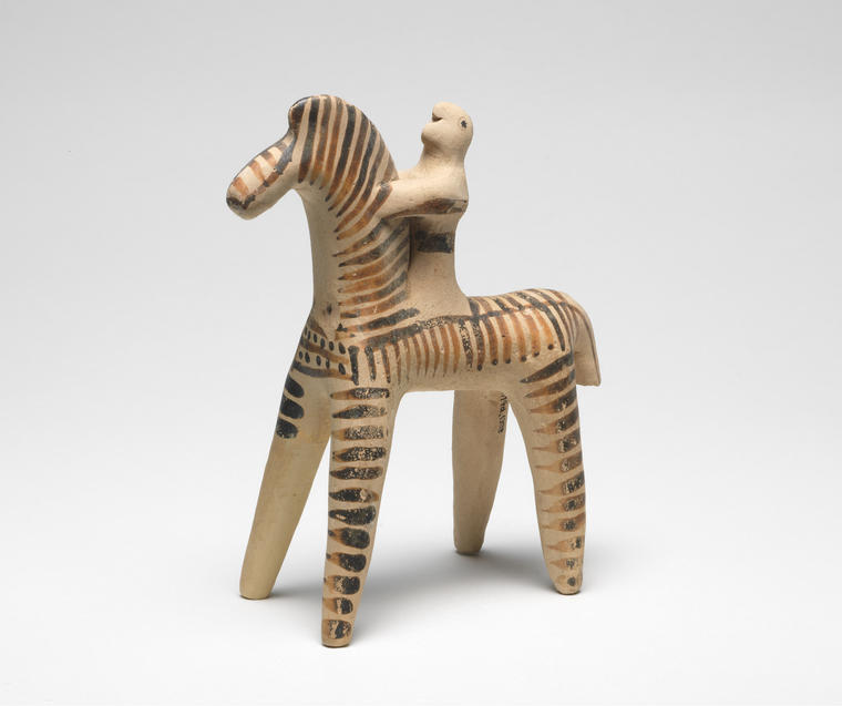 An image of figure figurine horse and rider Field Collection  Thebes Boeotia Greece Dimensions height 0.124 mwidth 0.107 m