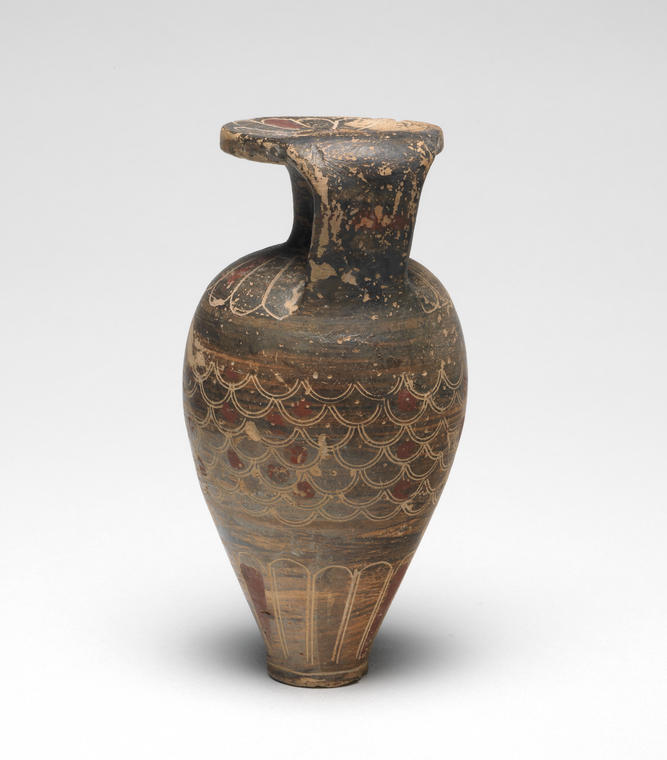 An image of vessel aryballos cosmetic vessel Early Corinthian Field Collection  Rhodes Greek Islands Dimensions height 0.103 mwidth 0.055 m
