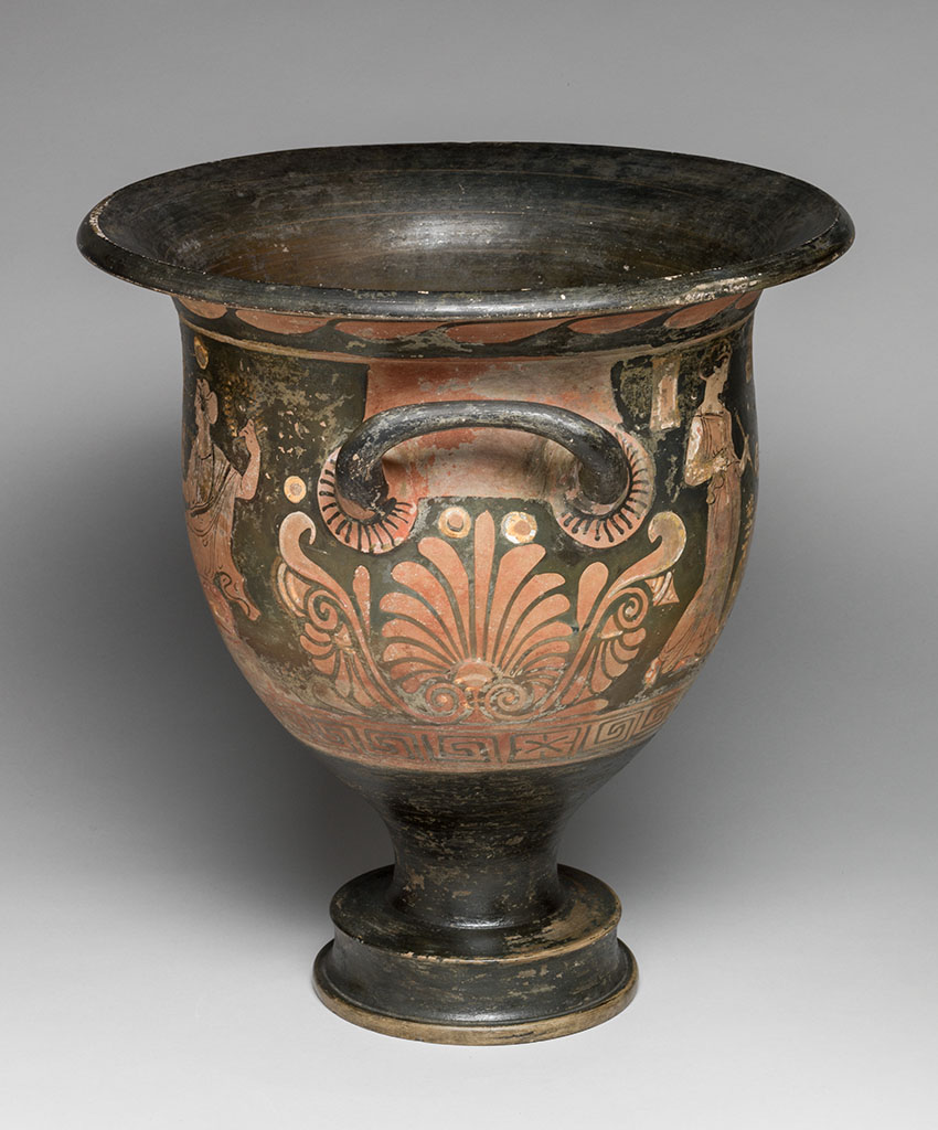 An image of Vessel/Bowl. Bell-krater, with a banquet. Production Place: Campania. Clay, red-figured, diameter 0.32 m, height 0.352 m, 350-340 B.C. Classical Period.