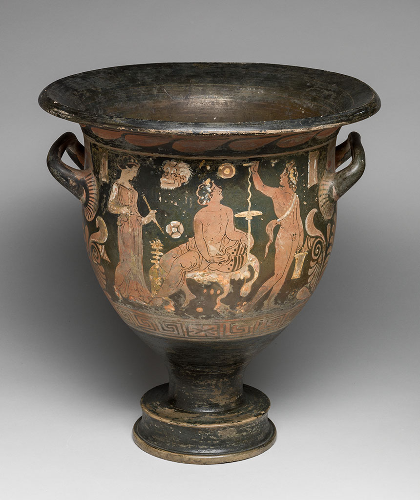 An image of Vessel/Bowl. Bell-krater, with a banquet. Production Place: Campania. Clay, red-figured, diameter 0.32 m, height 0.352 m, 350-340 B.C. Classical Period.