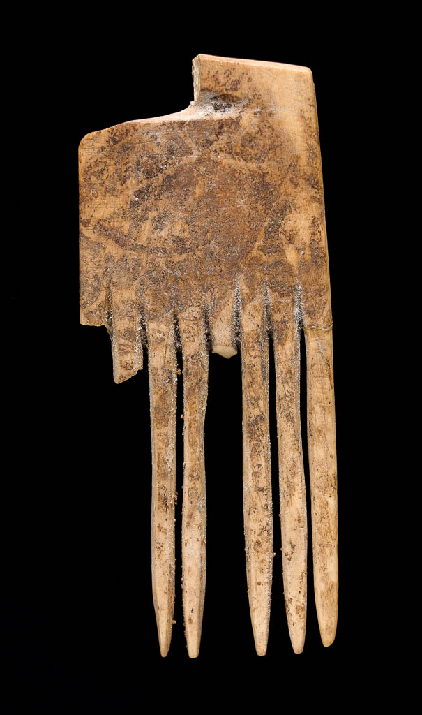 An image of Cosmetic equipment. Comb. Production Place: Egypt. Find Spot: Hierakonpolis, Egypt; 234. Ivory, carved, diameter, 0.065 m. Predynastic.