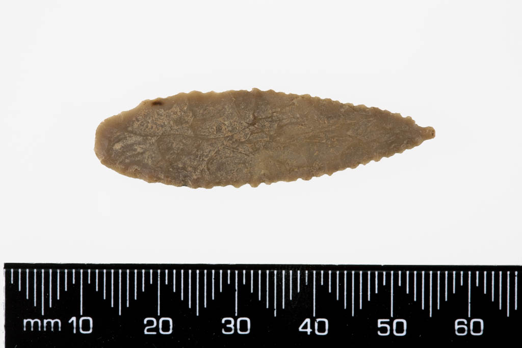 An image of Weapon. Arrowhead, Anatolian type. Find Spot: Tell Brak, Syria. Flint, length 0.046 m, c. 2300-2200 BC. Akkadian period.