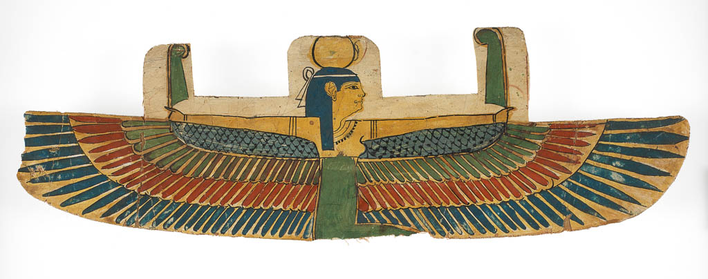 An image of Funerary Equipment. Cartonnage fragment, with winged goddess Nut, holding two feathers. Production Place/Find Spot: Egypt. Width 0.459 m, height 0.141 m, thickness 0.001 m, circa 332- circa 30 B.C. Ptolemaic Period.