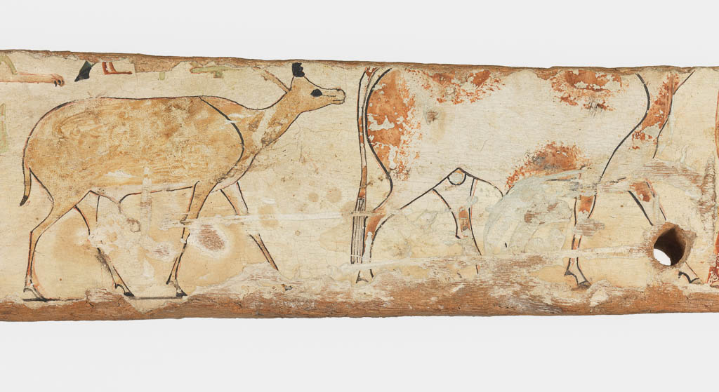 An image of Funerary Equipment. Coffin fragment of Wepwawetemhat, a master physician. This fragment comes from the bottom edge of the long side of the coffin box. Production Place: Egypt. Find Spot: Asyut(?), Egypt. Wood, painted, width 75.3 cm, height 8.9 cm, thickness 3.4 cm, circa 1975-circa 1790 B.C. Middle Kingdom.