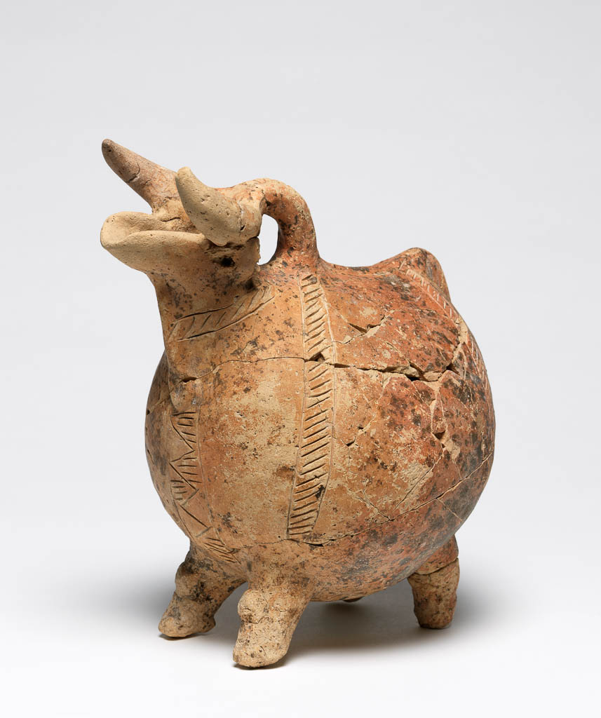 An image of Vessel/Bull Jug. Production Place: Cyprus. Find Spot: Cyprus. Clay, height 0.207 m, width 0.183 m, 1900-1801 B.C. Middle Cypriot I. Bronze Age.