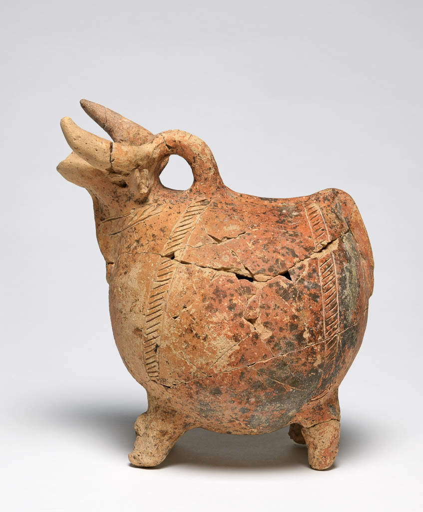 An image of Vessel/Bull Jug. Production Place: Cyprus. Find Spot: Cyprus. Clay, height 0.207 m, width 0.183 m, 1900-1801 B.C. Middle Cypriot I. Bronze Age.