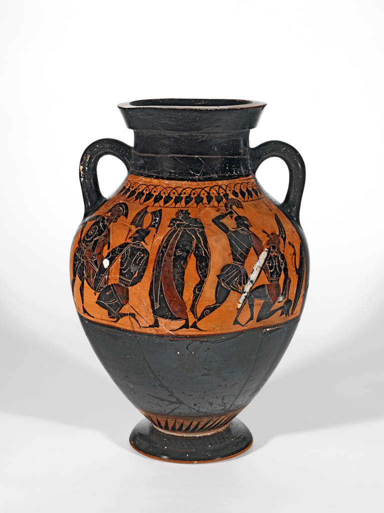 An image of Vessel/Amphora, with (A) warriors leaving home, woman with child, (B) battle. Black-figured, clay, height 0.437 m, width 0.292 m, 600-501 B.C. Archaic Period. Production Place: Athens.