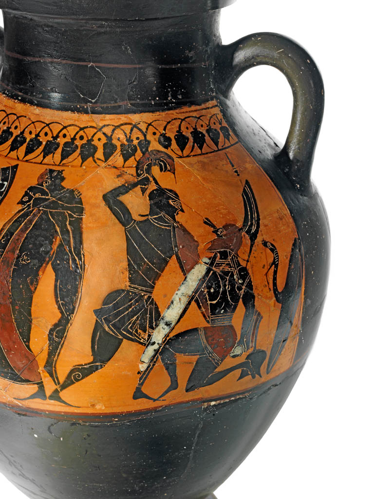 An image of Vessel/Amphora, with (A) warriors leaving home, woman with child, (B) battle. Black-figured, clay, height 0.437 m, width 0.292 m, 600-501 B.C. Archaic Period. Production Place: Athens.