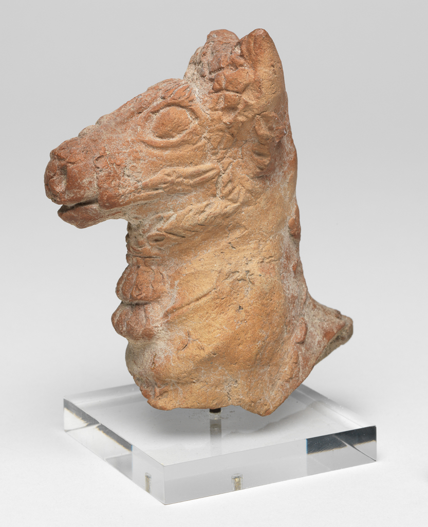 An image of Figure/Figurine fragment. Horse's head. Production Place: Cyprus. Find Spot: Salamis, Cyprus. Clay, moulded, height 0.099 m, width 0.066 m, 600-501 B.C. Archaic Period.