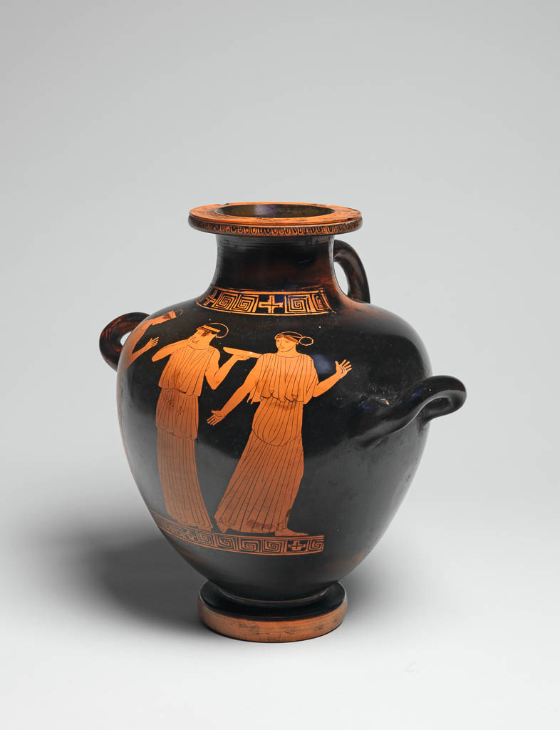 An image of Vessel/hydria/water-jar. With Medea. Production Place: Athens. Clay, red-figured, height 0.297 m, width 0.288 m, 450 B.C. Classical Period.
