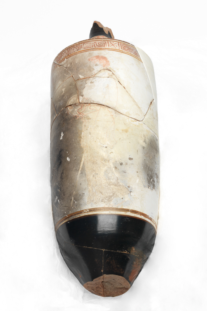 An image of Vessel. Lekythos, young man at grave. Find Spot/Production Place: Athens, Attica, Greece. Clay, white-ground, height 0.348 m, width 0.118 m, 440 B.C. Classical Period.