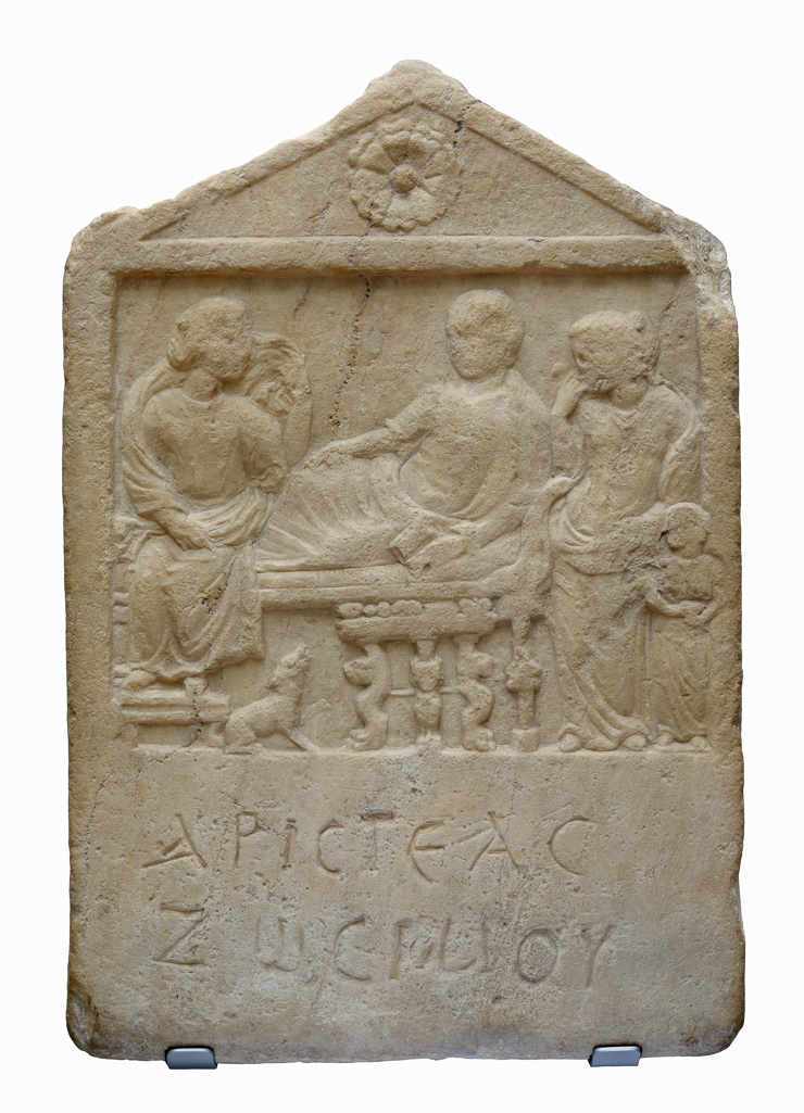 An image of Architectural Element / Stele. Marble (Pentelic), carved. Grave stele of Aristeas. Production Place: Greece, Attica. Find Spot: La Scala Patmos, Greek Islands. Height 0.635m, width 0.41m, depth 0.05m, weight 34 kg, confirmed. Middle Roman, 201-300 AD.