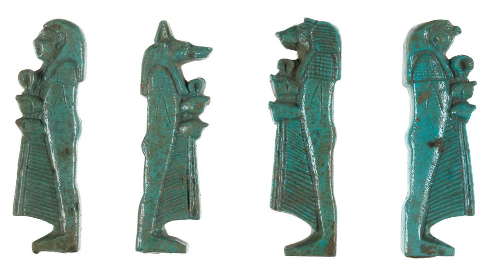 An image of Jewellery/Amulet. Faience amulet of the Sons of Horus. Production Place: Egypt. Faience, circa 664- circa 525 B.C. Twenty-sixth Dynasty. Late Period.