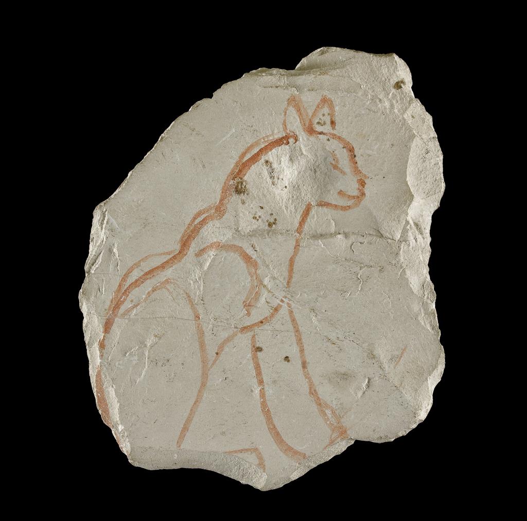 An image of Written Document. Ostracon, Figured. Limestone, seated cat painted in red. Egypt, New Kingdom. Length 12.7 cm, width 10 cm, circa 1550-1069 B.C.