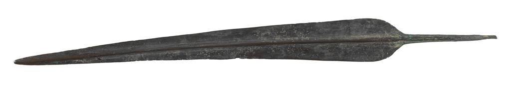 An image of Weapons. Sword. Production Place/Find Spot: Cyprus; tomb. Bronze, depth 0.005 m, width 0.045 m, 2100-1601 B.C. Early Cypriot III - Middle Cypriot II. Bronze Age.