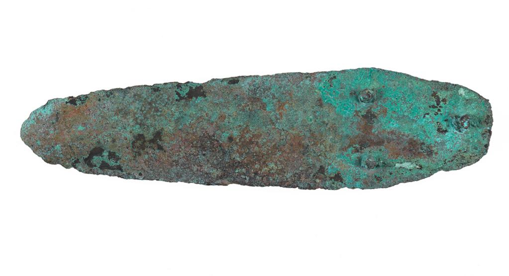 An image of Weapons. Dagger. Find Spot: Tamassos, Cyprus. Bronze, length 0.13 m, width 0.034 m, 2100-1201 B.C. Early Cypriot II - Late Cypriot II. Bronze Age.