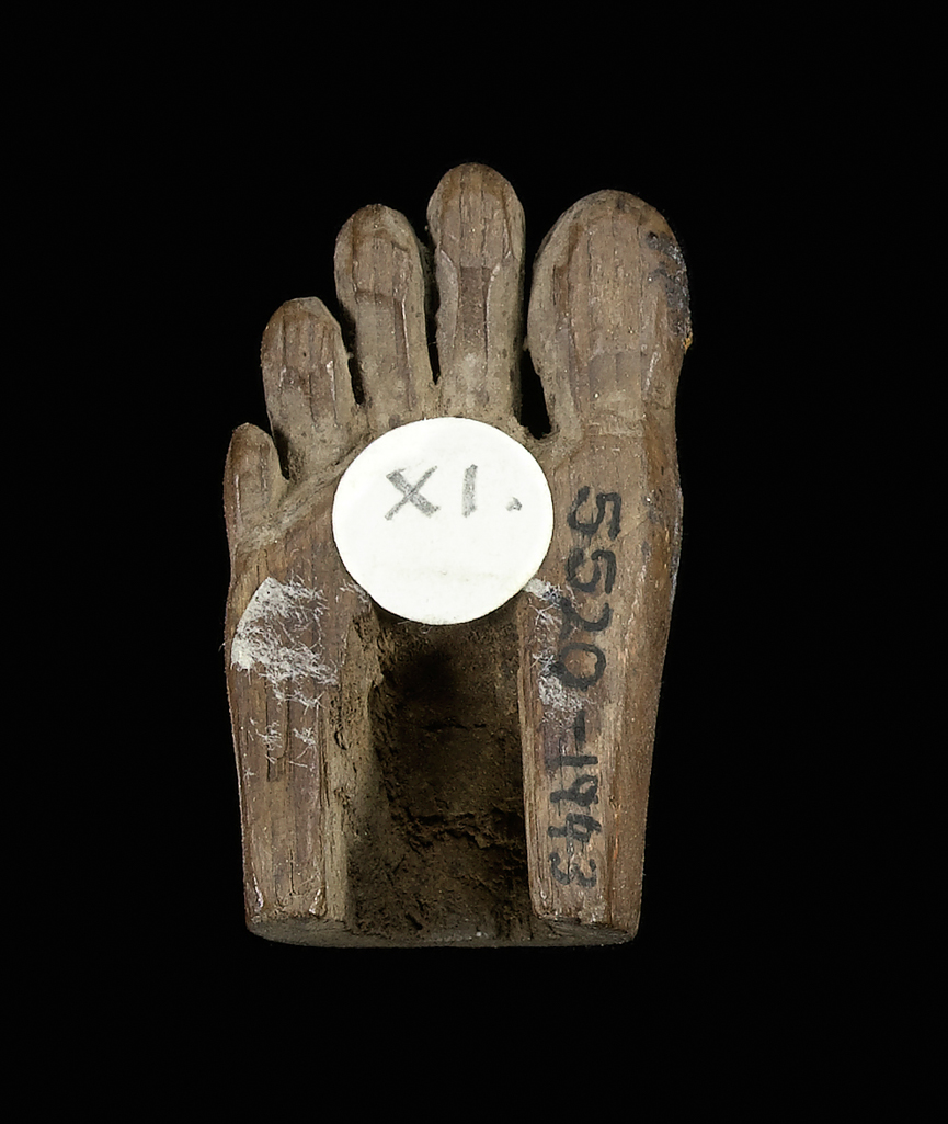 An image of Part of a right foot. Production Place: Egypt. Wood, height 0.017 m, length 0.035 m, width 0.017 m.
