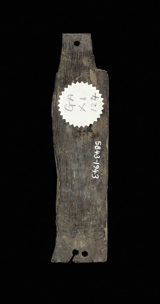 An image of Miscellaneous equipment. Box fragment. Panel with inscription, possibly from a box, with unmodelled back, curved top, with two fixing holes, rectangular bottom with one hold, two holes in right hand edge to take dowels from next panel. Production Place: Egypt. Wood, height 0.125 m, length 0.007 m, width 0.031 m.