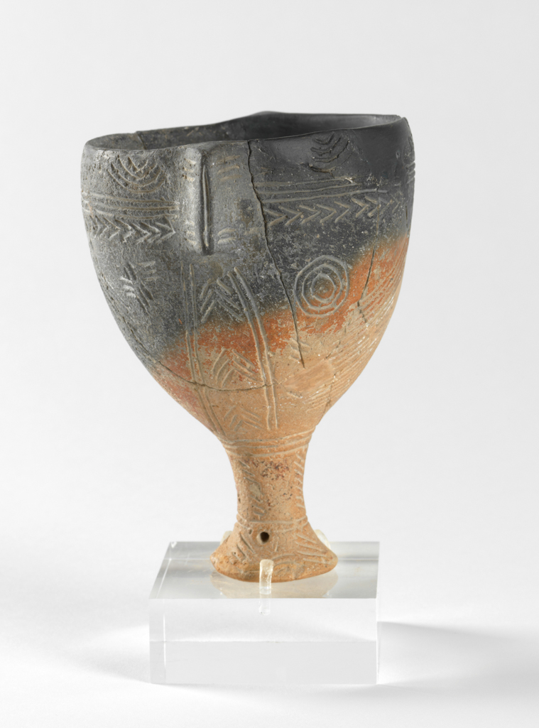 An image of Vessel. Goblet. Production Place: Cyprus. Find Spot: Vounous Cyprus; Tomb 84. Clay, red-polished ware, width, 0.125, m,  2400 to 2201 B.C. Early Cypriot I. Bronze Age.