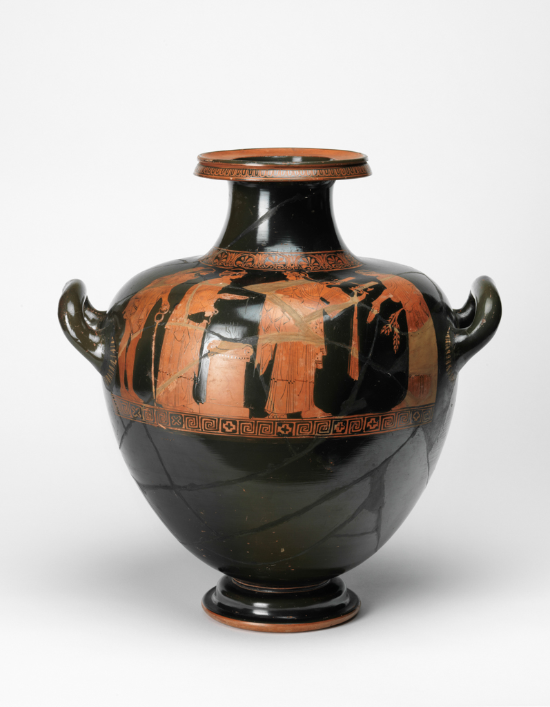 An image of Vessel. Hydria, water-jar. Apollo, Hermes, Artemis and Leto, pouring libations. Find Spot: Nola (?), Italy. Production Place: Athens. Clay, red-figured, height 0.403 m, width 0.373 m, 470-460 B.C. Classical Period.