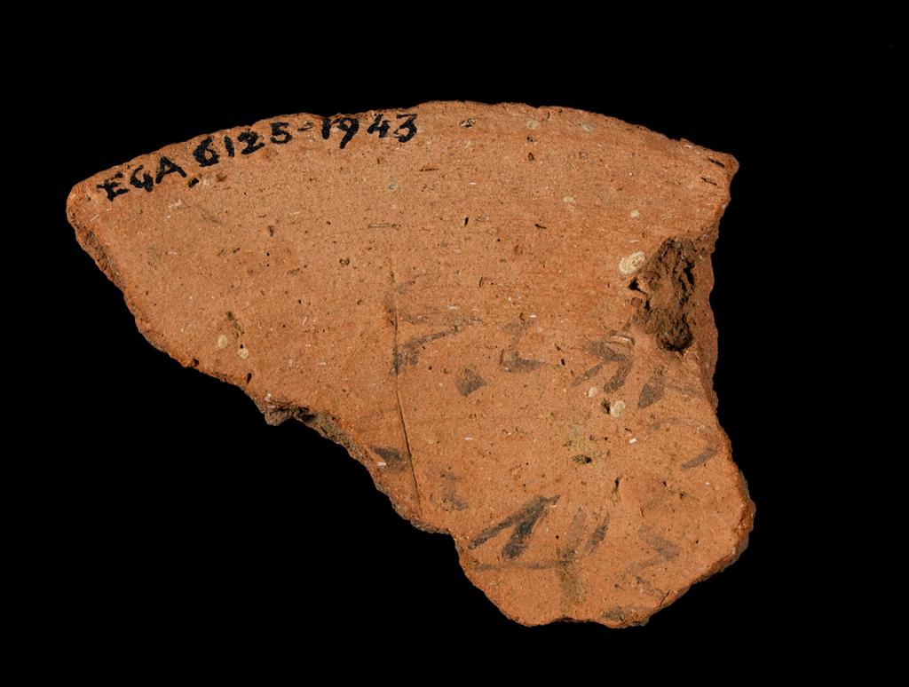 An image of Written Document. Ostracon, fragment of rim of bowl, inscribed in hieratic in black ink on both sides. Production Place/Find Spot: Egypt. Height 0.048 m, width 0.038 m. New Kingdom.