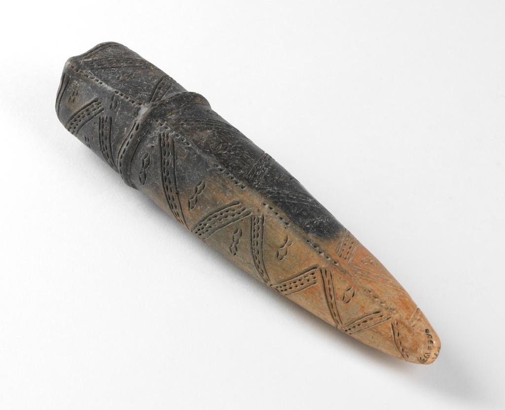 An image of Model of dagger scabbard. Production Place: Cyprus. Find Spot: Vounous Cyprus; Tomb 145. Clay, black surface, height 0.234 m, width 0.053 m, 2200 to 2101 B.C. Early Cypriot II. Bronze Age.