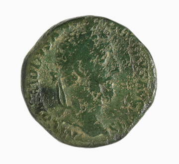 An image of Coinage. Sestertius. Obverse: Head of Commodus. Reverse: Hercules, leaning on club. Commodus (180-192), ruler. Roman Empire. Roman Imperial. Rome mint. Copper alloy, struck, image (height) 29 mm, image (width) 30 mm, weight 25.80 g, 183-184 AD.
