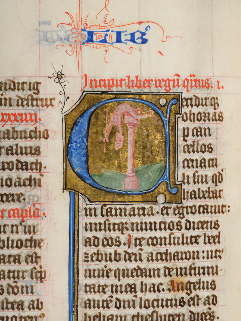 An image of Bible made for a member of the prominent Utrecht family of Lochorst. Folio 425v: IV Kings, Elija at King Ahaziah’s deathbed, Elija carried to heaven in flaming chariot, Elisha receiving his mantle, and [C, 7 ll.] Falling idol. Masters of Zweder van Culemborg. Production Place: Northern Netherlands, Utrecht. Circa 1420 to 1430. Parchment, i contemporary parchment flyleaf + 533 fols. + ii contemporary parchment flyleaves, 217 x 155 (133 x 95) mm, ruled in pink ink, 2 columns, 29 lines, running headers, quire signatures, catchwords.BINDING: fifteenth century, doeskin chemise, red leather (replacement of 1987) over wooden boards, five metal bosses on each cover, two catchplates on upper cover, slits in chemise and remains from two clasps on lower cover, arms of Lochorst held by angel painted on all three edges; repaired and rebound by the Cockerell bindery in 1987.CONTENTS: fol. 1v Contemporary list of contents in red ink; fols. 2v – 9v St Jerome, Prologue, Frater Ambrosius; fols. 9v – 10v St Jerome, Prologue to Genesis, Desiderii mei; fol.s 11r – 12v Capitula; fols. 13r – 532r Bible, Gen – Par, with prologues..DECORATION: Sixteen column framed miniatures and 10 historiated initials, often related in subject-matter, with full or partial foliate bar borders and/or floral, acanthus and spraywork borders for books and prologues: fol. 2r Jerome’s Prologue, St Jerome in his study, four angels holding shields of arms (erased) in border; fol. 9v Jerome’s Prologue to Gen, St Jerome standing at lectern with open book; fol. 12v Gen, Moses conversing with God; fol. 13r Gen, [I, 16 ll.] God blessing, 6 medallions in border representing the days of Creation (without Adam and Eve); fol. 72v Exod, God addressing Moses and three followers; fol. 121v Lev, Moses and Israelites offering calf at altar; fol. 122r Lev, [V, 7 ll.] Winged horse; fol. 156r Num, God within a walled city speaking to Moses on Mount Sinai; fol. 201r Deut, [V, 6 ll.] Moses enthroned with sceptre;