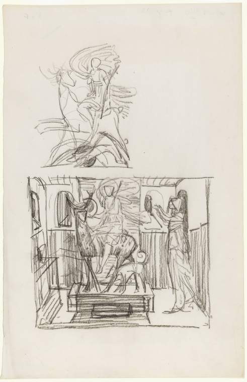 An image of Sir Edward Burne JonesTwo Preliminary studies for page 23 of the Kelmscott Chaucer, the Knights Tale: Above, study of statue of Diana mounted upon deer with globe visible below.Below, Emily praying before the statue of Diana