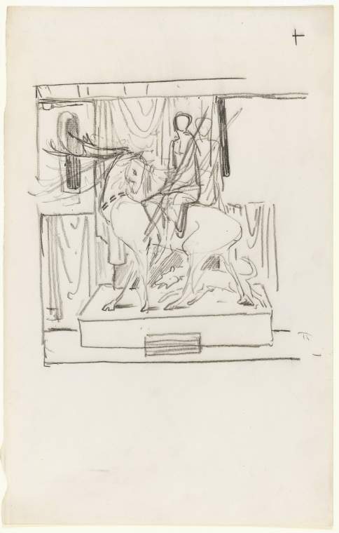 An image of Sir Edward Burne JonesPreliminary studyfor page 23 of the Kelmscott Chaucer, the Knights Tale: the statue of Diana mounted upon the deer, with dog towards rear of plinth