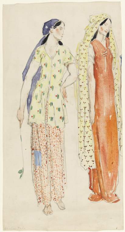 An image of Title/s: Two costumes for women for 'The Winter's Tale' Maker/s:  Ricketts, Charles de Sousy (draughtsman) [ULAN info: British artist, 1866-1931] Technique Description:  graphite and watercolour on paper Dimensions:  height: 318 mm, width: 168 mm 